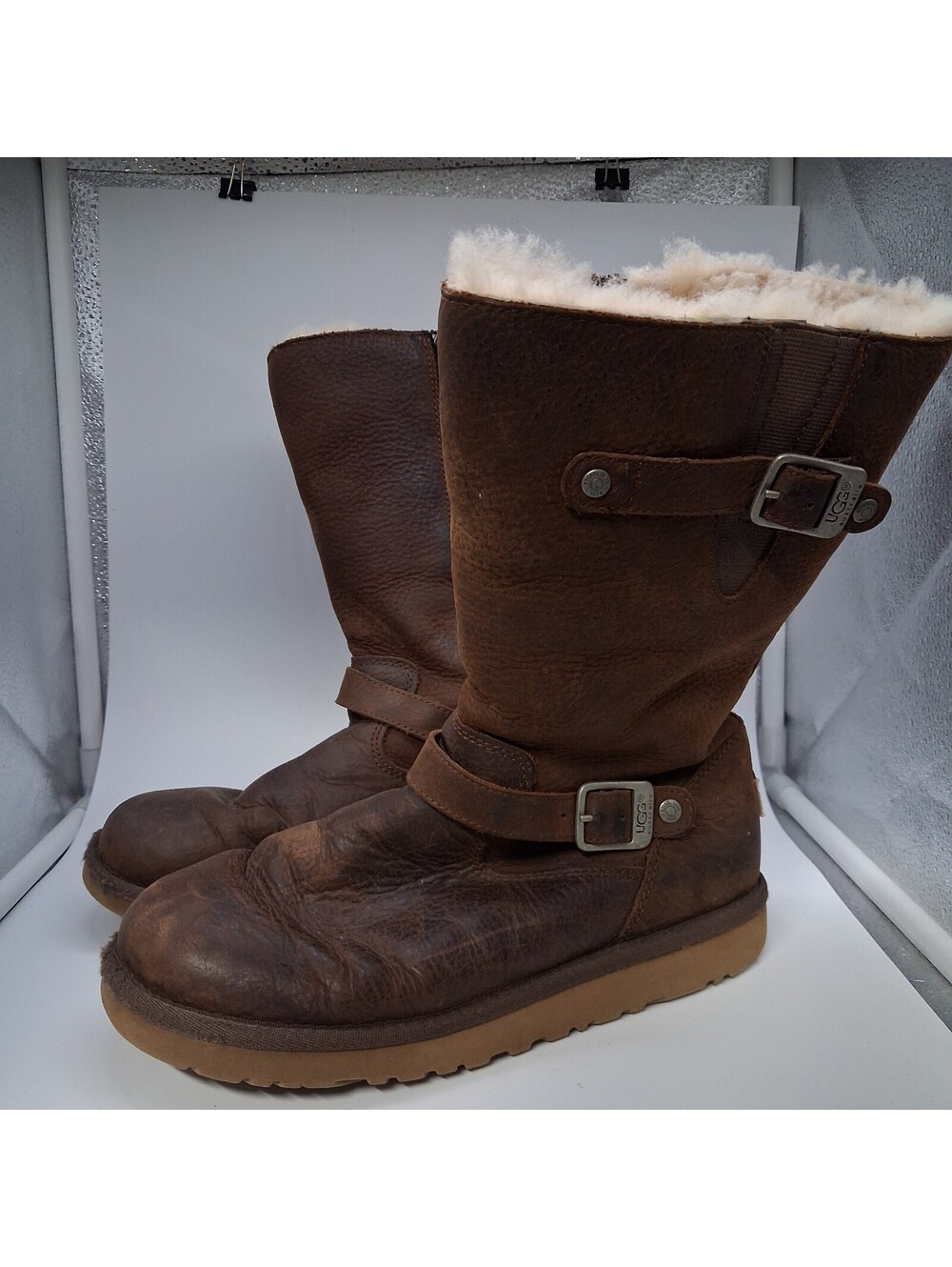 UGG Kensington Womens Size 6 Brown Leather Shearling Double Buckle Biker Boots